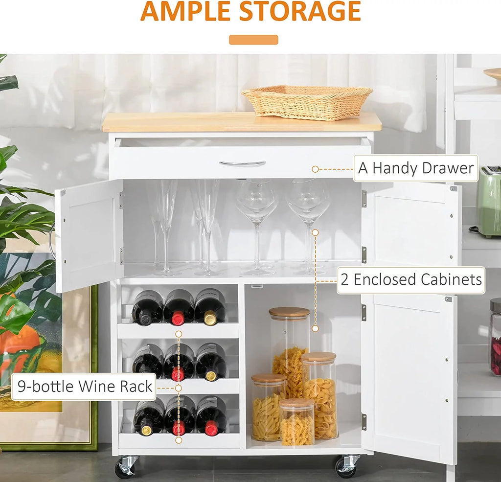 Rolling Kitchen Island with 9-Bottle Wine Rack and Drawer, White X513