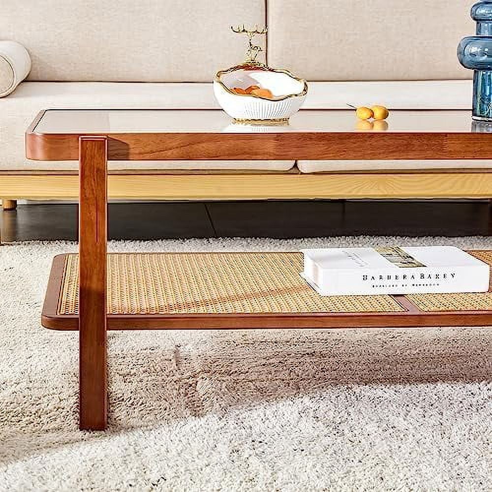 Modern Rattan Woven Glass Desktop Round Double-Layer Solid Wood Coffee Table M1455