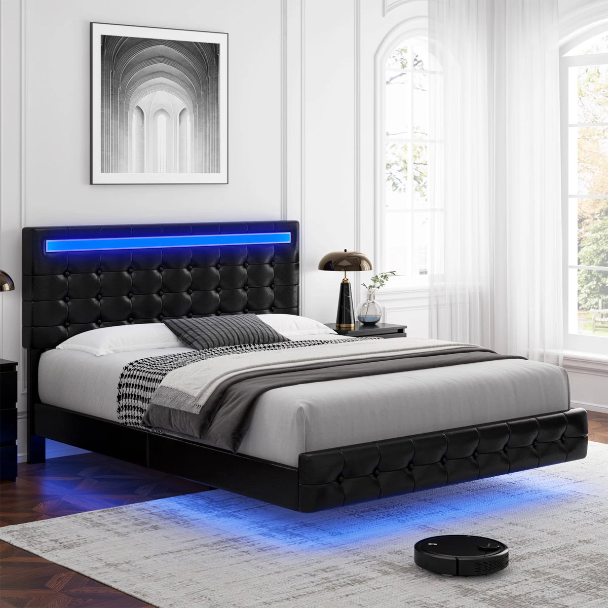 Queen Floating LED Platform Bed Frame with Under Bed Storage E820379
