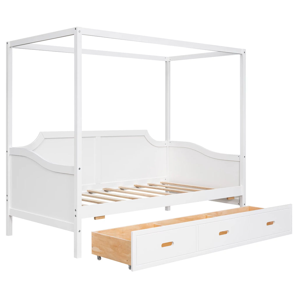 Twin Size Canopy Daybed with Drawer and Slat Support Leg, White X920