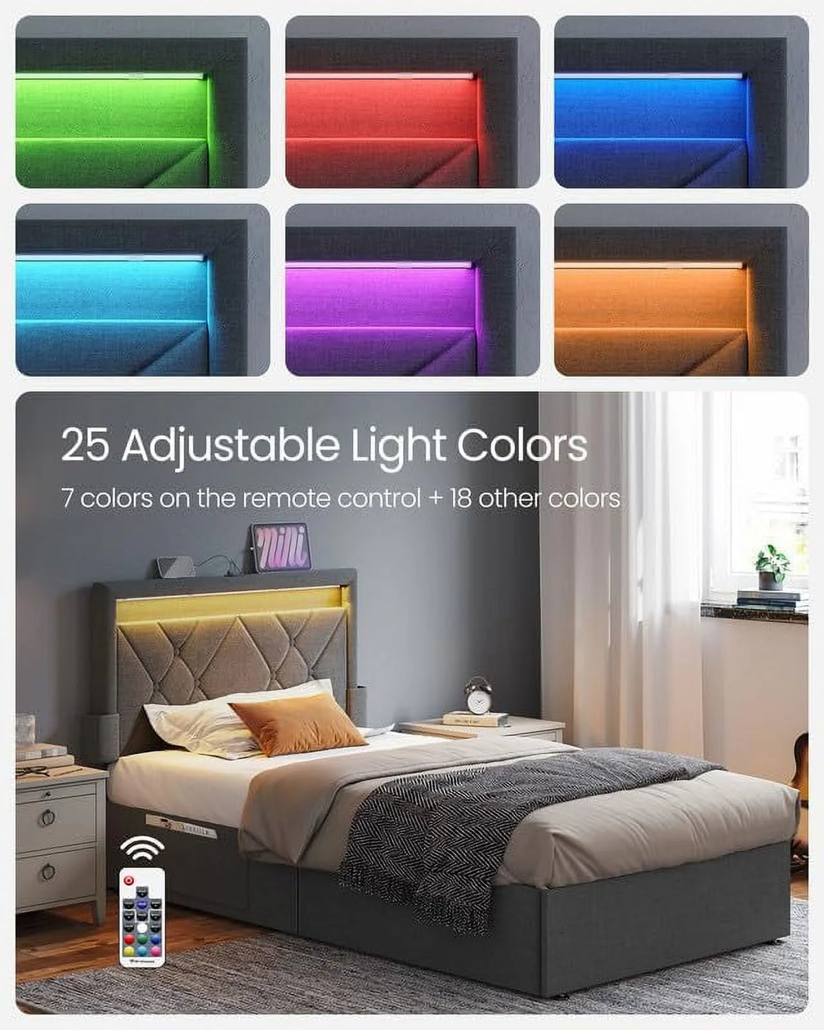 Twin Size LED Bed Frame with Headboard and 4 Drawers Dark Grey P63882