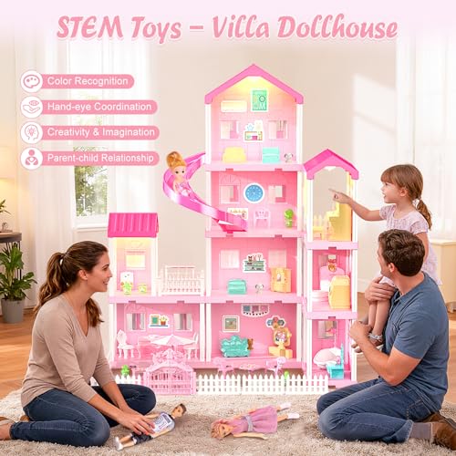 4-Story Dollhouse Playset with 2 Dolls and Accessories U2210