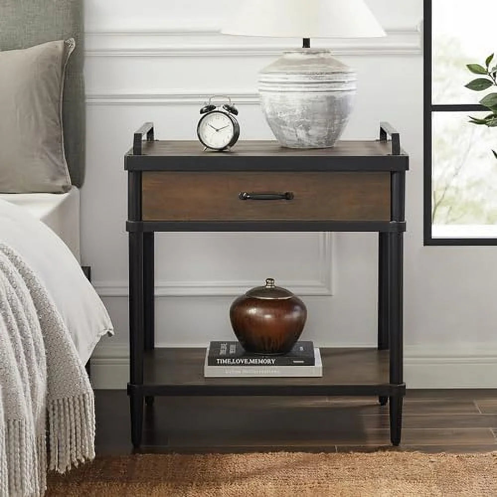 Rustic Brown and Black Nightstand with Drawer and Open Shelf Z404