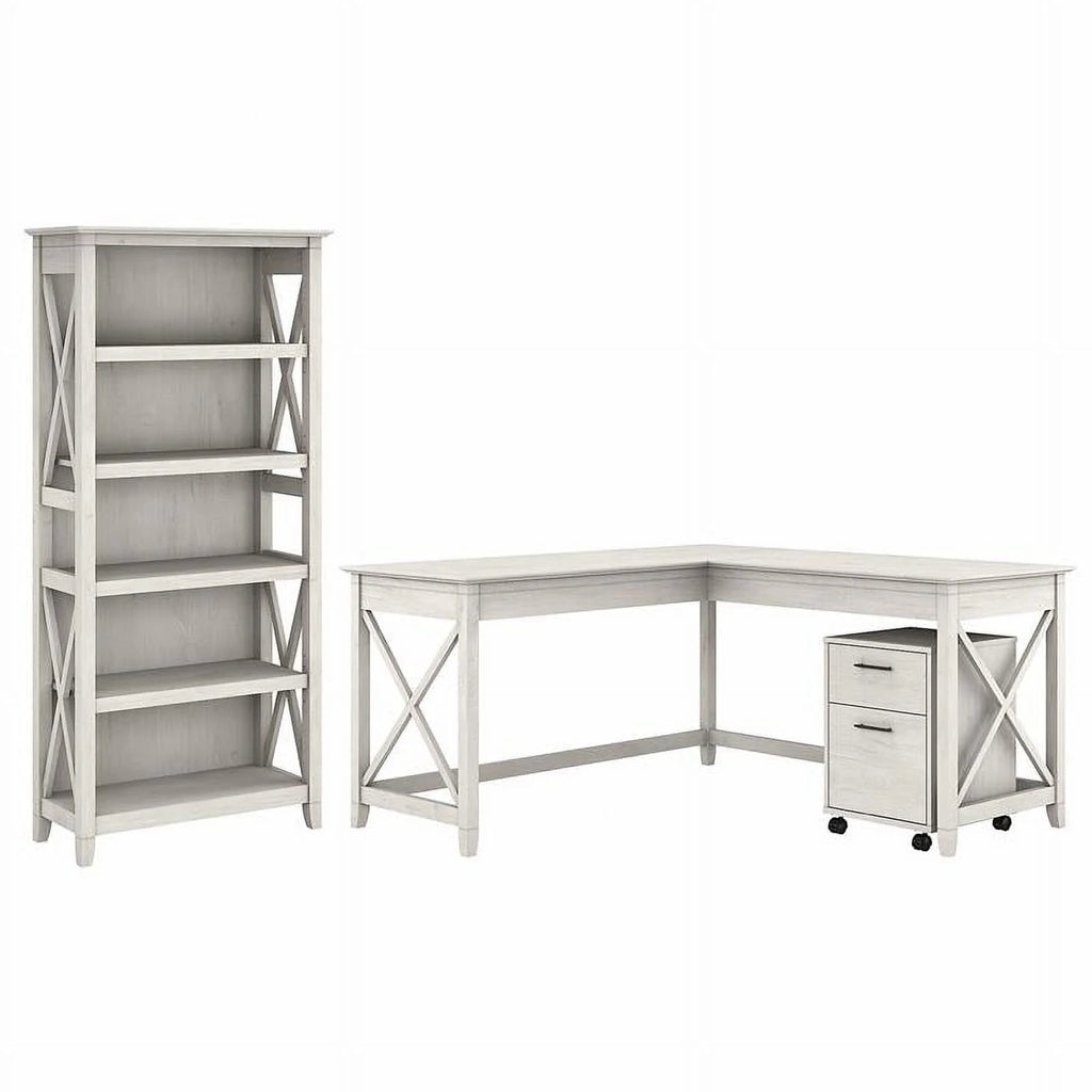 White L Shaped Desk with Drawers & Bookcase K624466