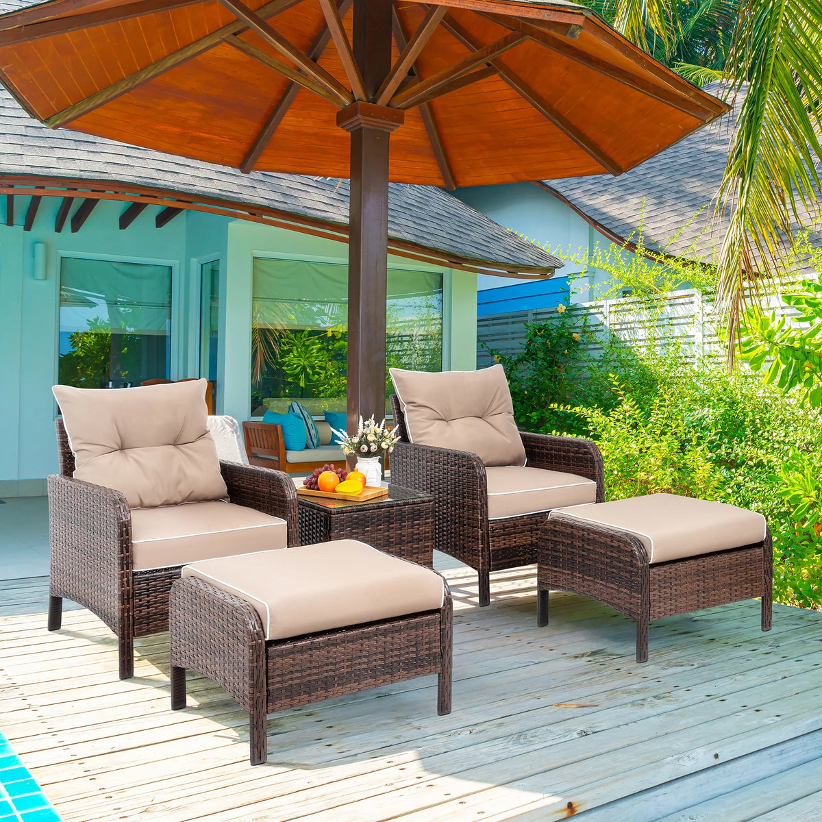 5 Piece PE Wicker Patio Furniture Set with Ottoman I4995