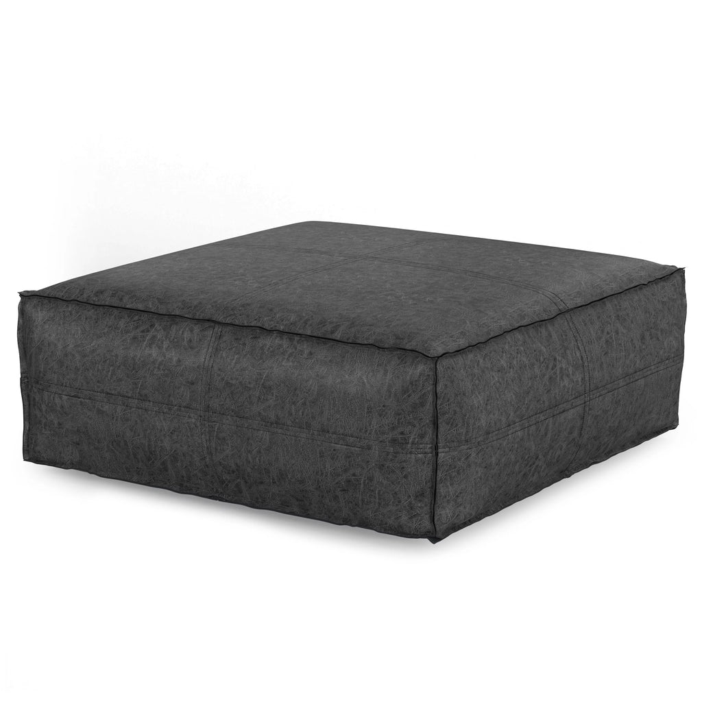 Distressed Black Vegan Faux Leather Pouf F460171