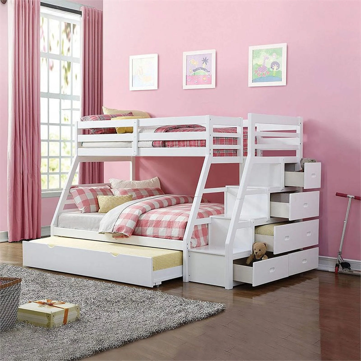 White Wood Twin over Full Bunk Bed with Ladder R191