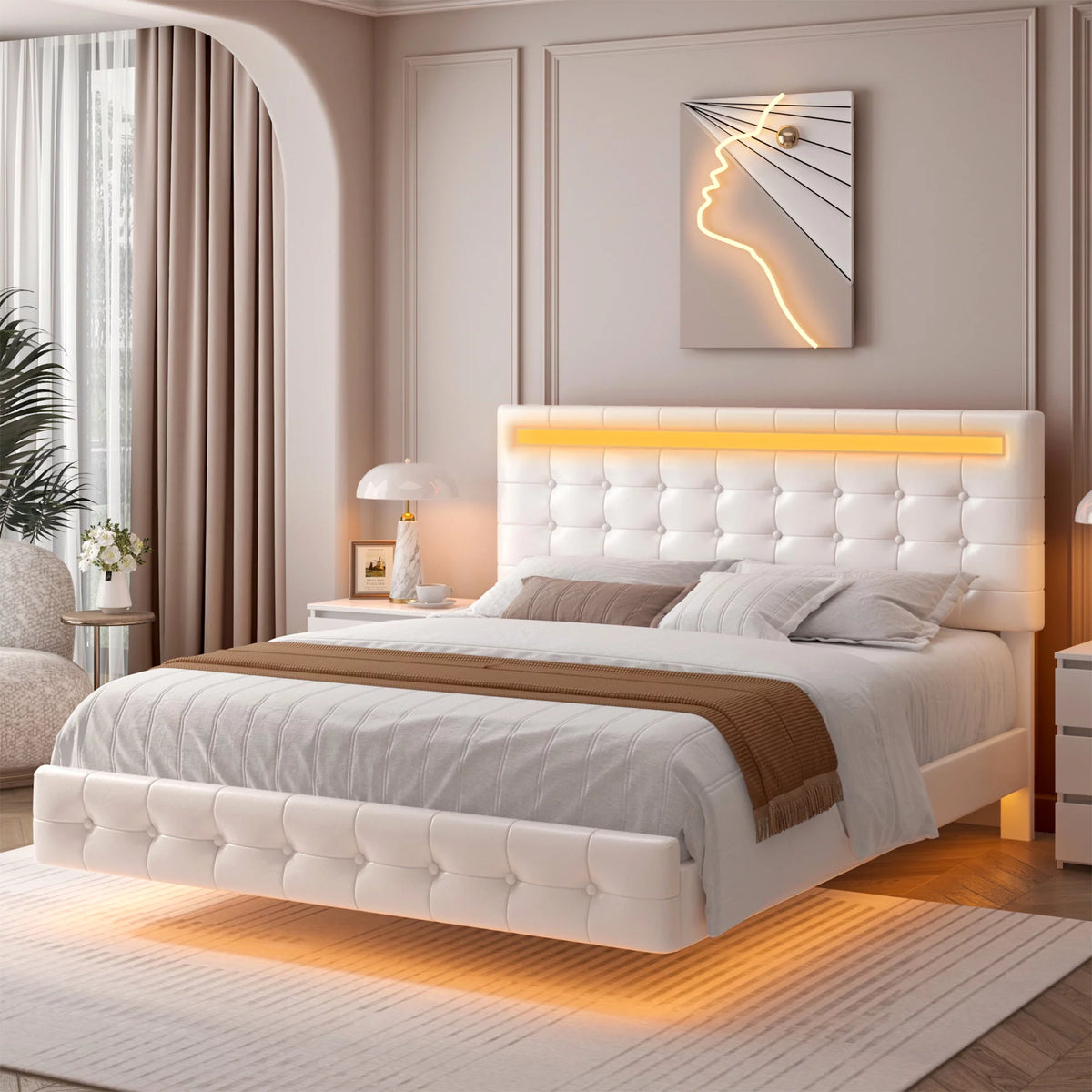 Queen Floating LED Platform Bed Frame with Under Bed Storage E820379