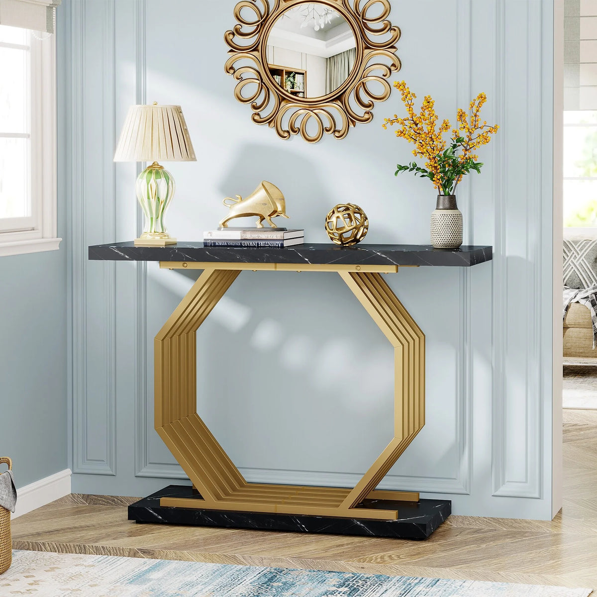 Gold Console Table with Geometric Metal Base E4043