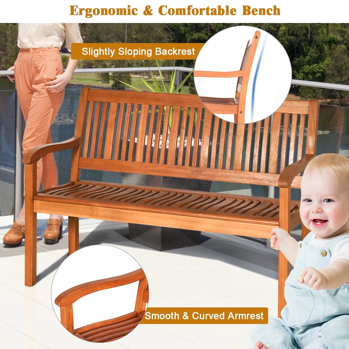 50'' Two Person Outdoor Bench Loveseat Solid Wood N59029