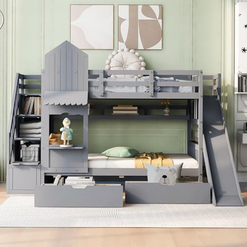 Full-Over-Full Wood Bunk Bed with Slide and Storage Staircase O90819