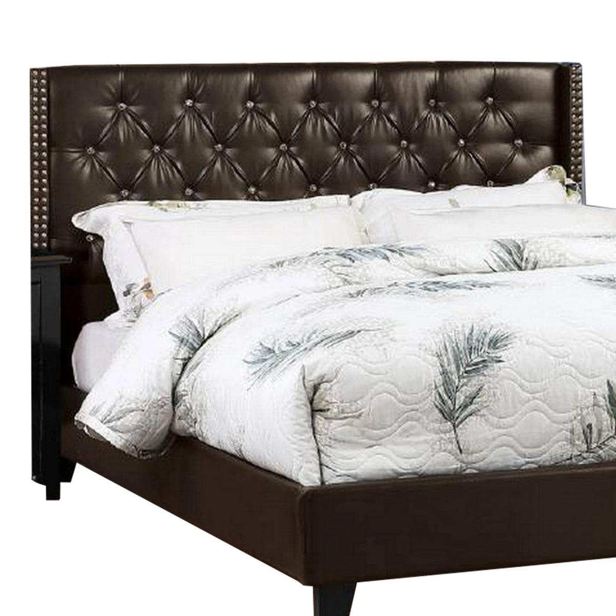 Queen Size Brown Faux Leather Upholstered Wood Bed with Nailhead Trim O50799