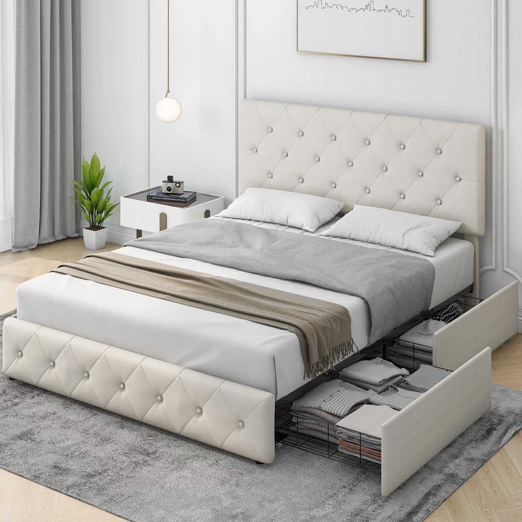 Queen Size 4 Drawer Upholstered Platform Bed with Adjustable Headboard G43720