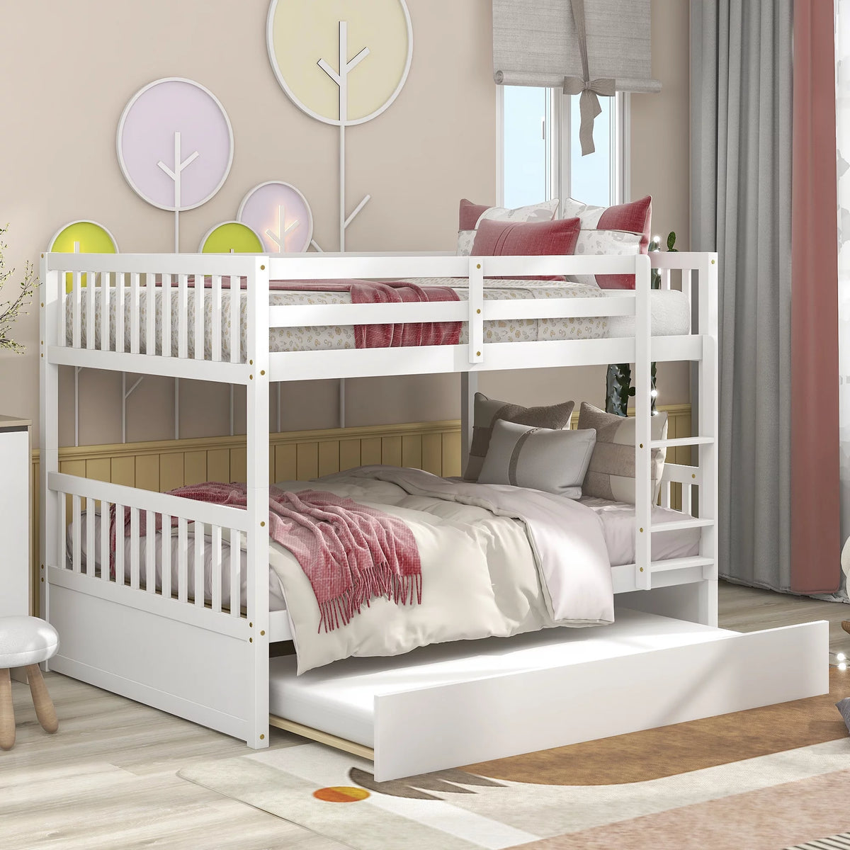 White Full Over Full Convertible Bunk Bed with Trundle F407