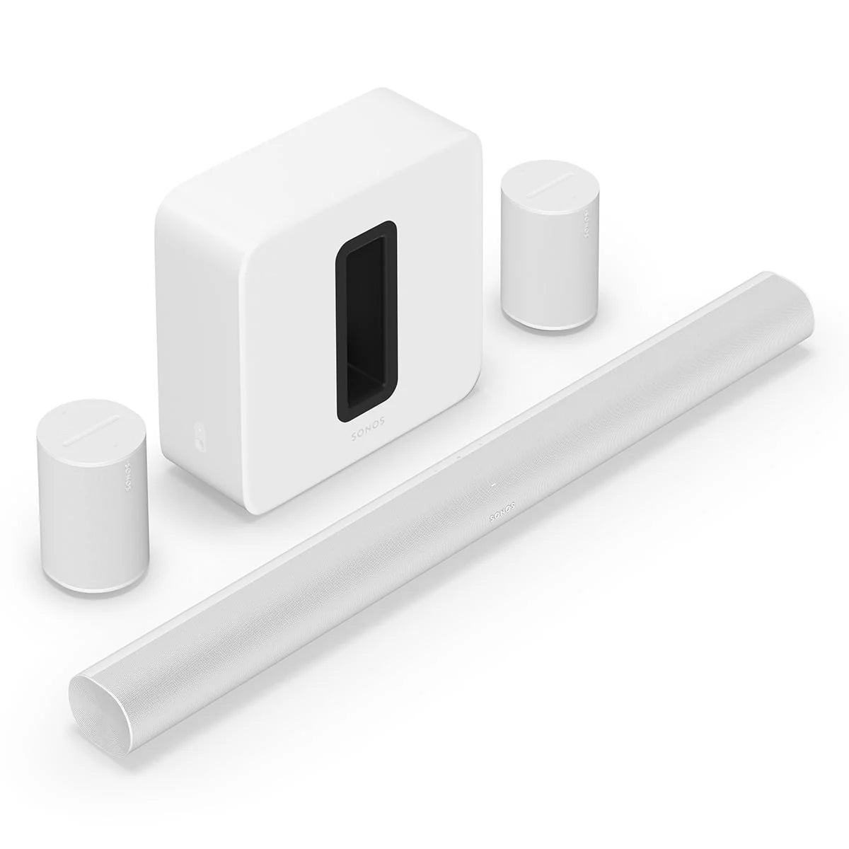 Black Wireless Soundbar, Subwoofer, and Pair of Smart Speakers G994