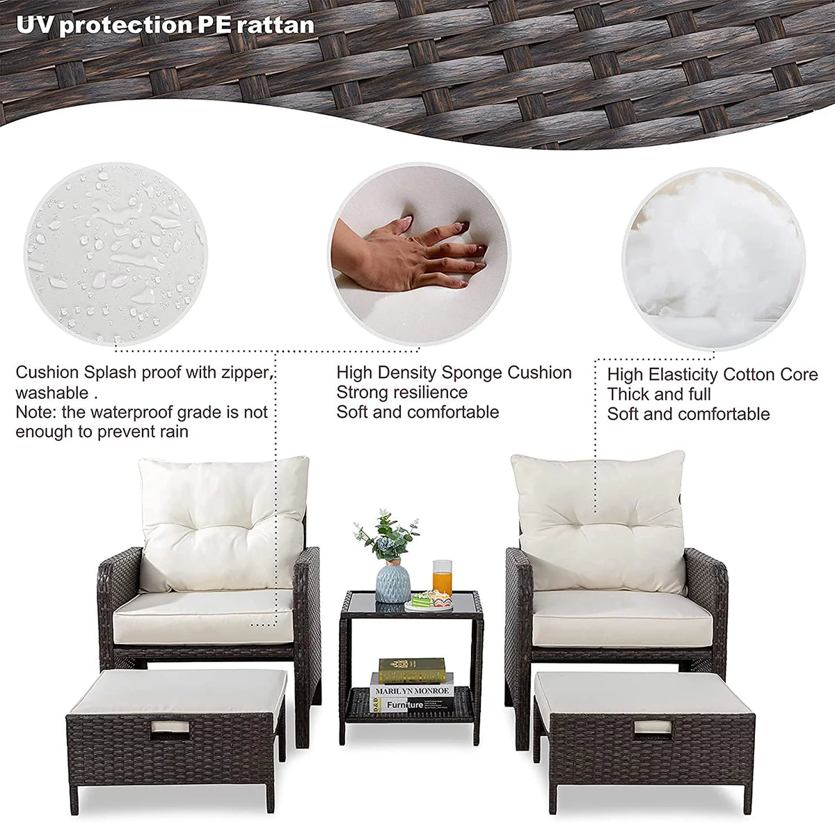 5 Piece PE Wicker Patio Furniture Set with Ottoman I4995