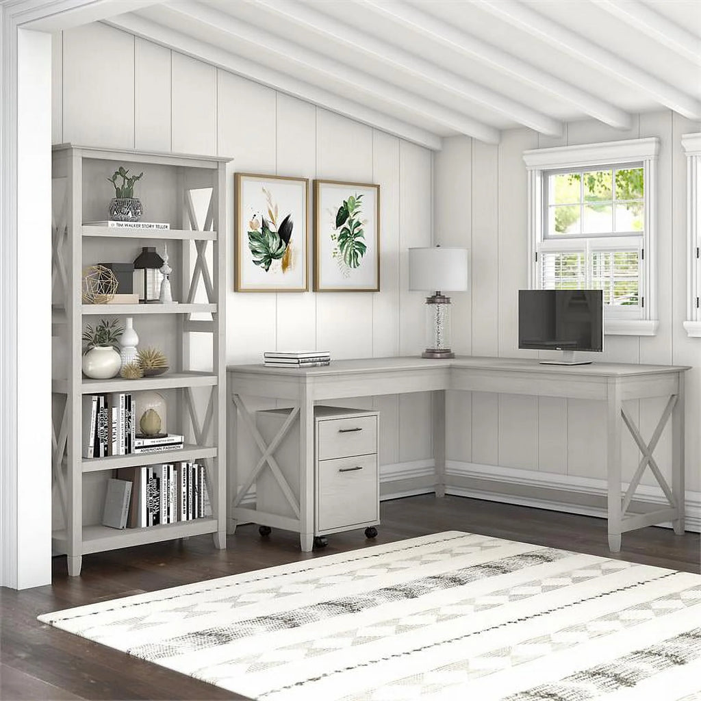 White L Shaped Desk with Drawers & Bookcase K624466