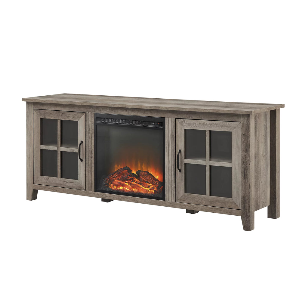 Grey Wash Glass-Door Fireplace TV Stand J234