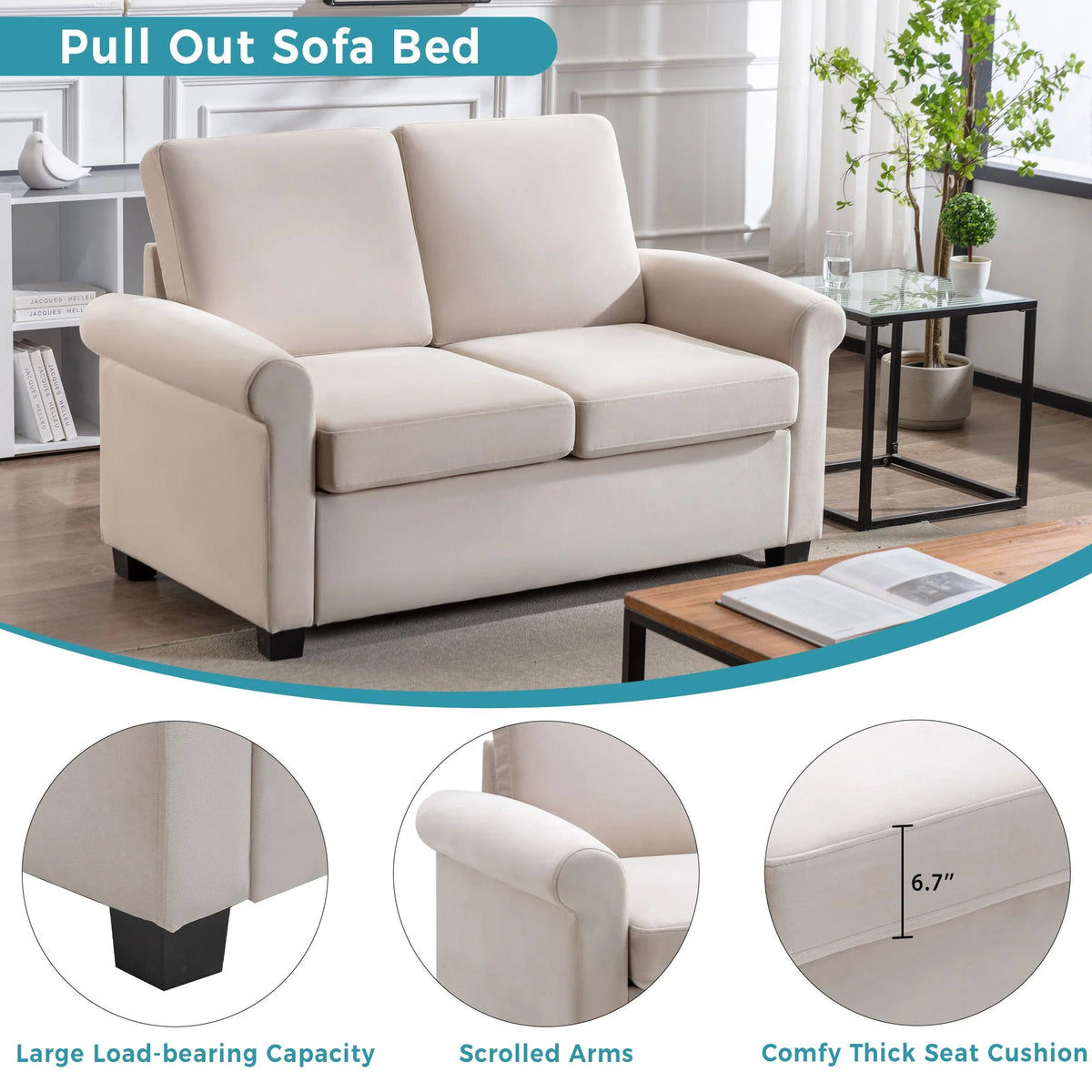 Beige Convertible Sleeper Sofa with Memory Mattress C290