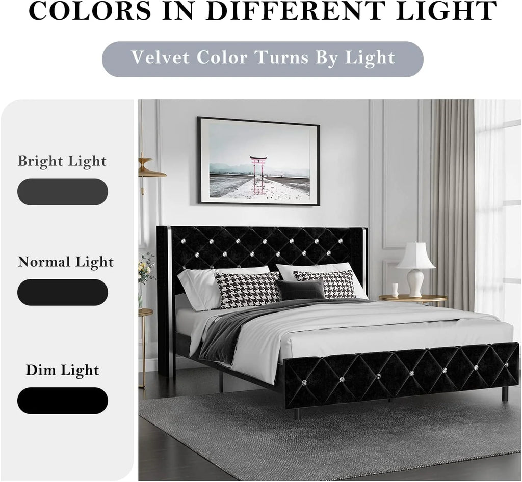 Queen Size Upholstered Platform Bed Frame with Wingback Diamond Tufted Headboard V587