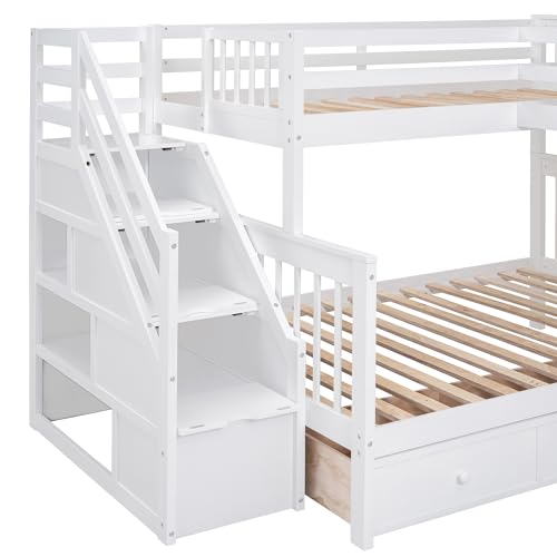 L-Shaped Twin-Twin Over Full Bunk Bed with Stairs and Guardrails H5962