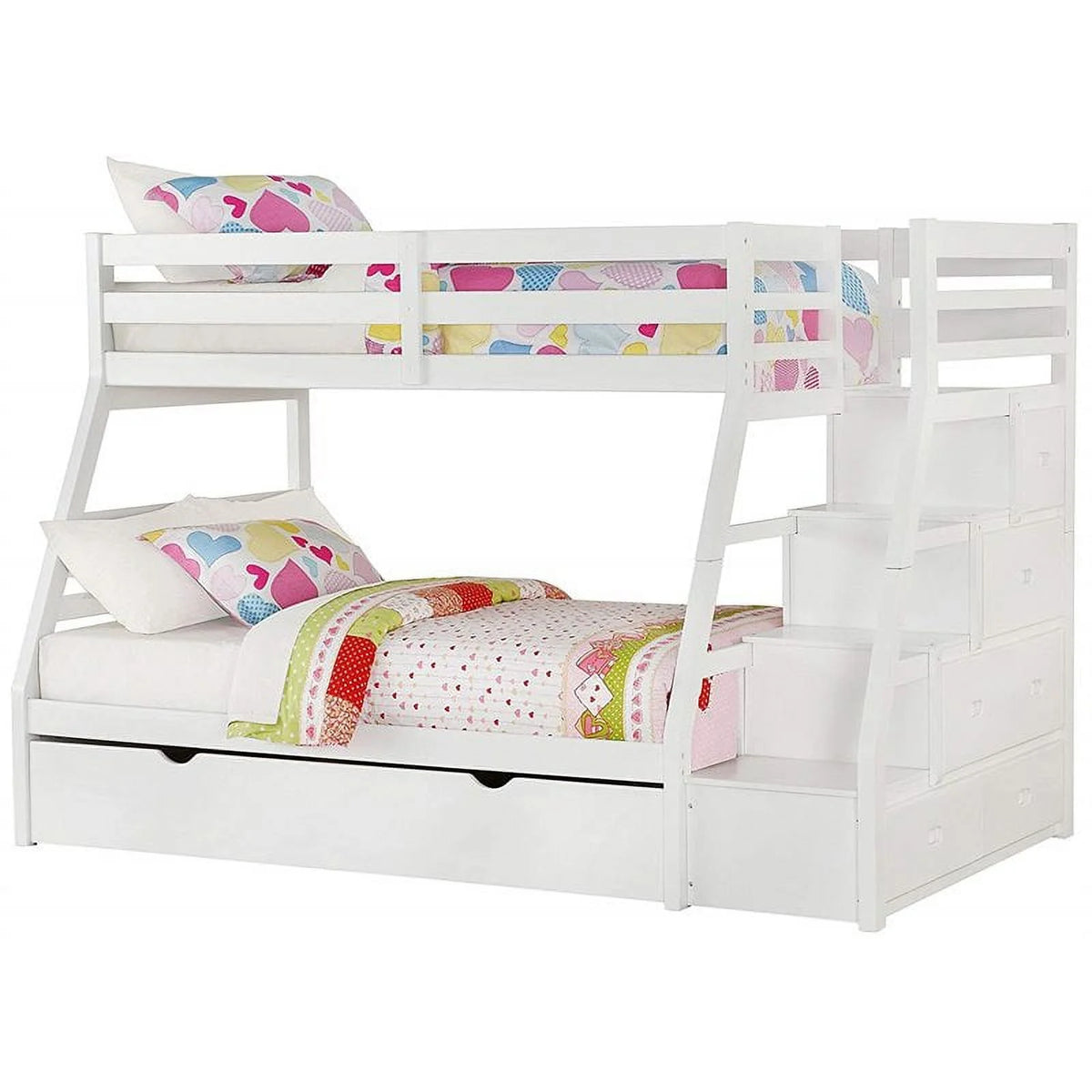 White Wood Twin over Full Bunk Bed with Ladder R191