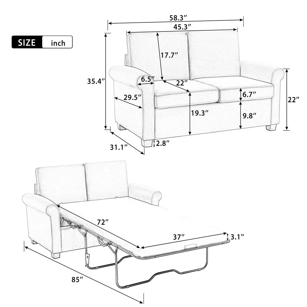 Beige Convertible Sleeper Sofa with Memory Mattress C290