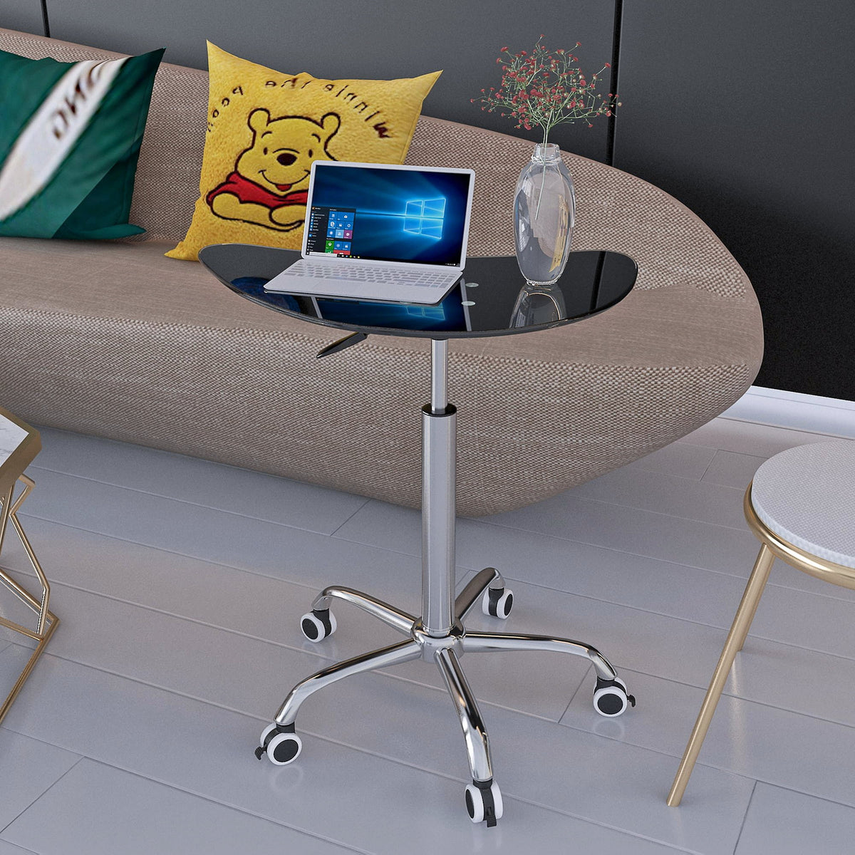 Adjustable Height Black Tempered Glass Table Desk with Lockable Wheels G197235