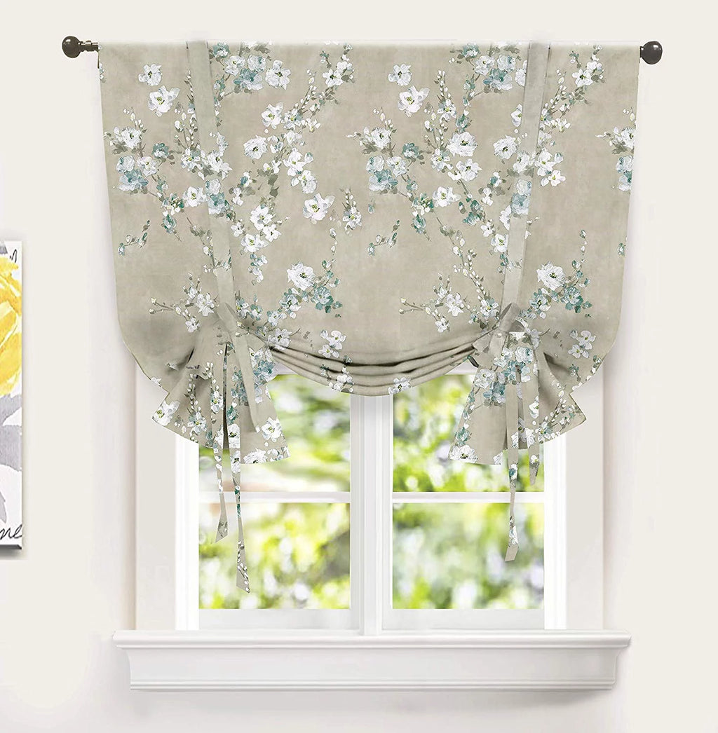 Blue Gray Floral Tie Up Curtain K248