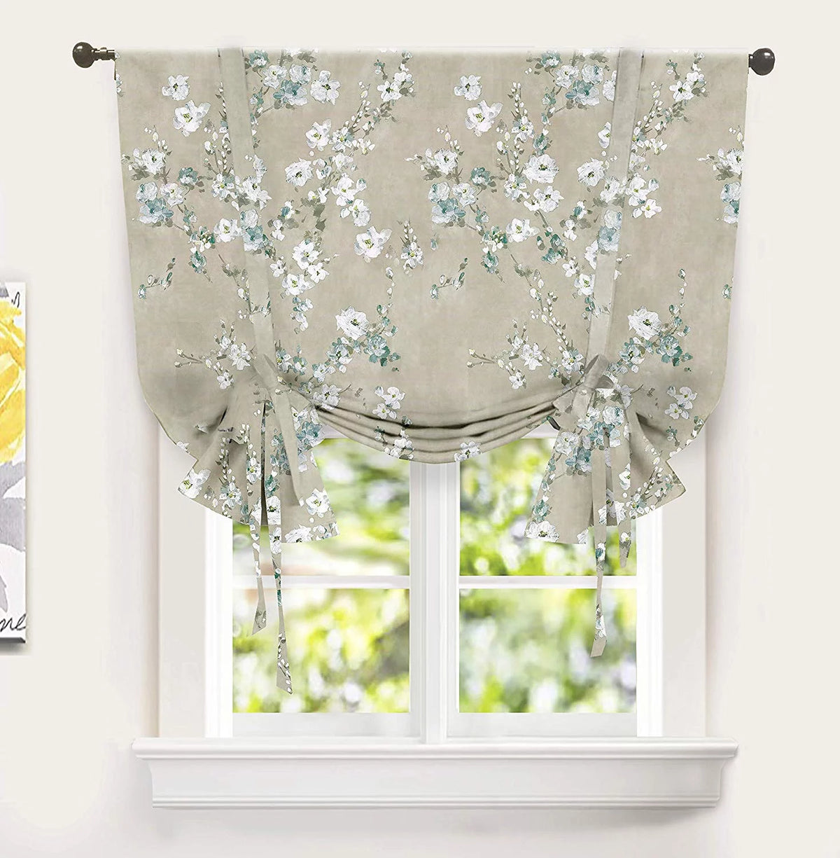 Blue Gray Floral Tie Up Curtain K248