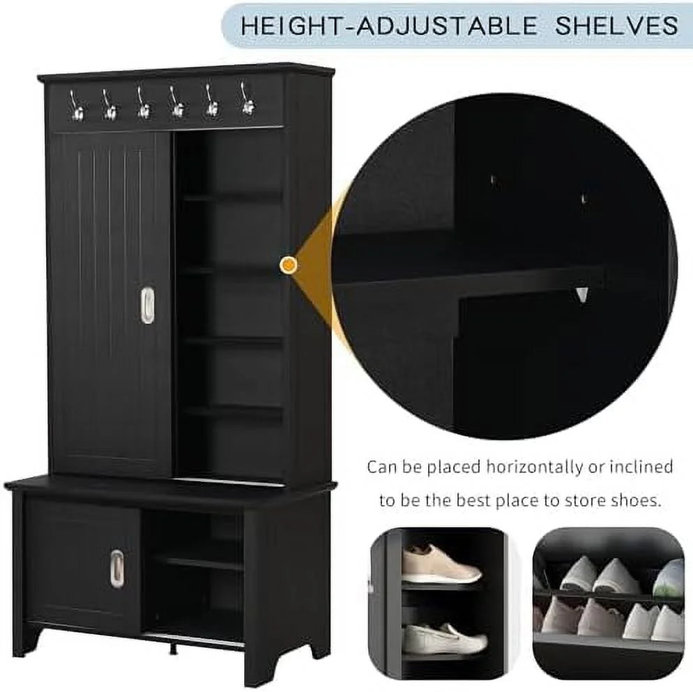 Black Hall Tree with Shoe Drawers and Bench R351806