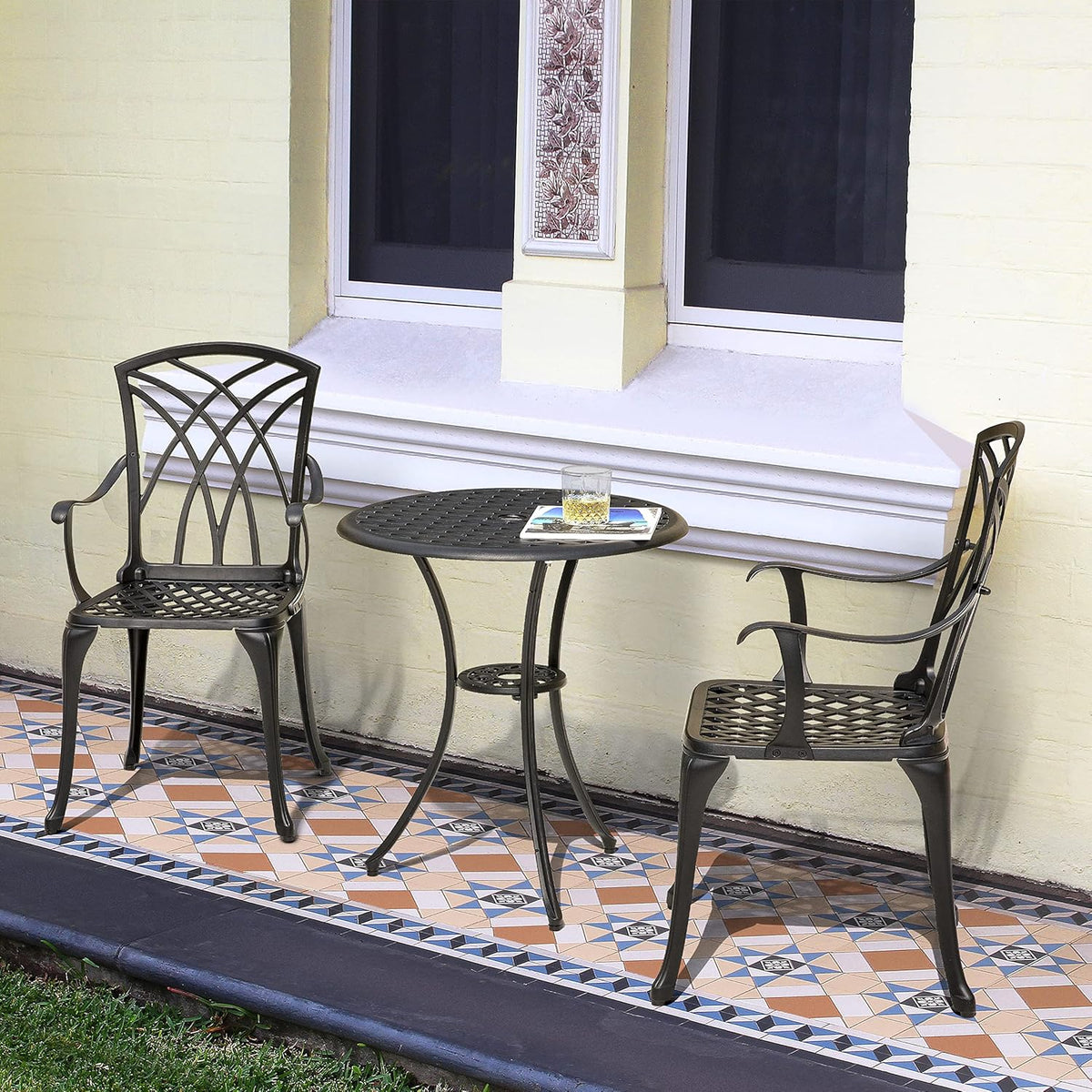 3 Piece Cast Aluminum Patio Bistro Set with Umbrella Hole M36160