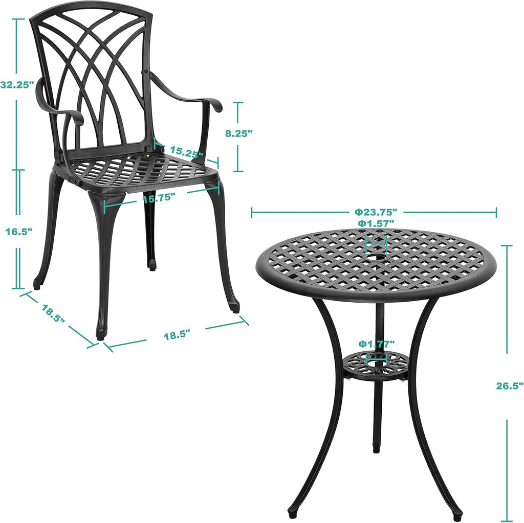 3 Piece Cast Aluminum Patio Bistro Set with Umbrella Hole M36160