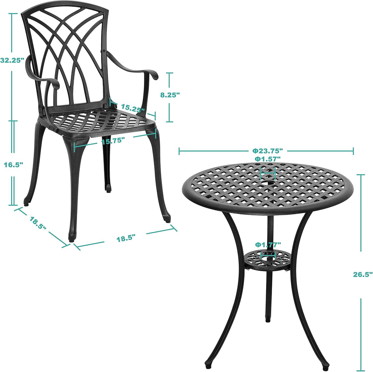 3 Piece Cast Aluminum Patio Bistro Set with Umbrella Hole M36160