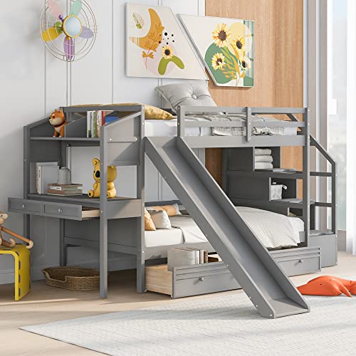 Full-Over-Full Wood Bunk Bed with Slide and Storage Staircase O90819