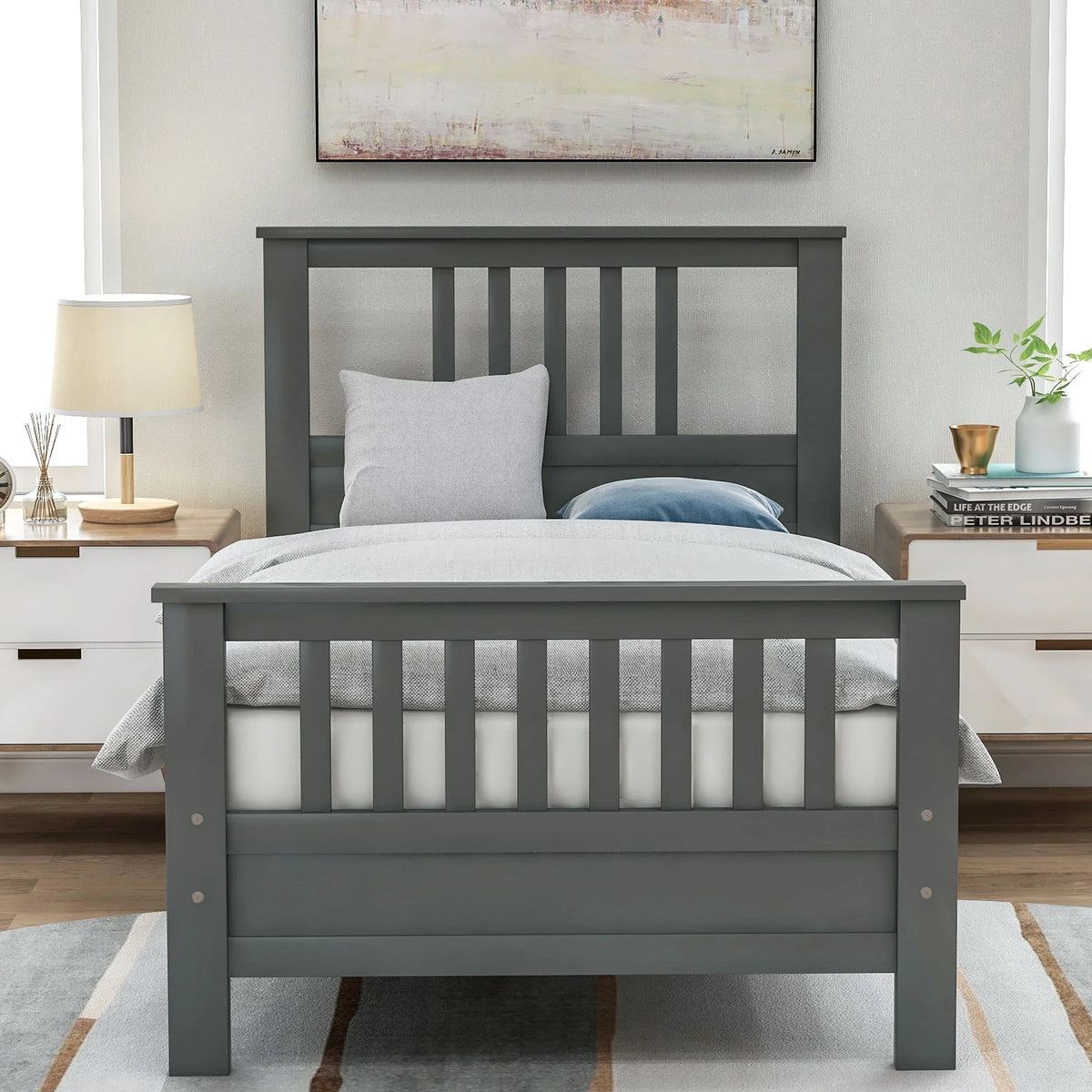 Wood Twin Size Platform Bed Frame with Headboard and Footboard N72068