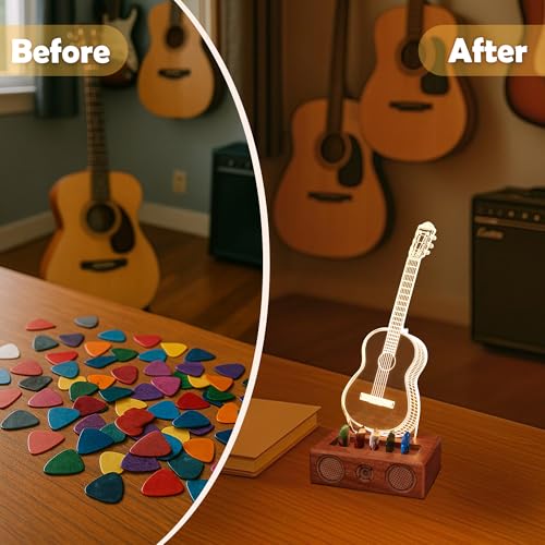 Acrylic Light Up Guitar Pick Holder with Wooden Base O86908