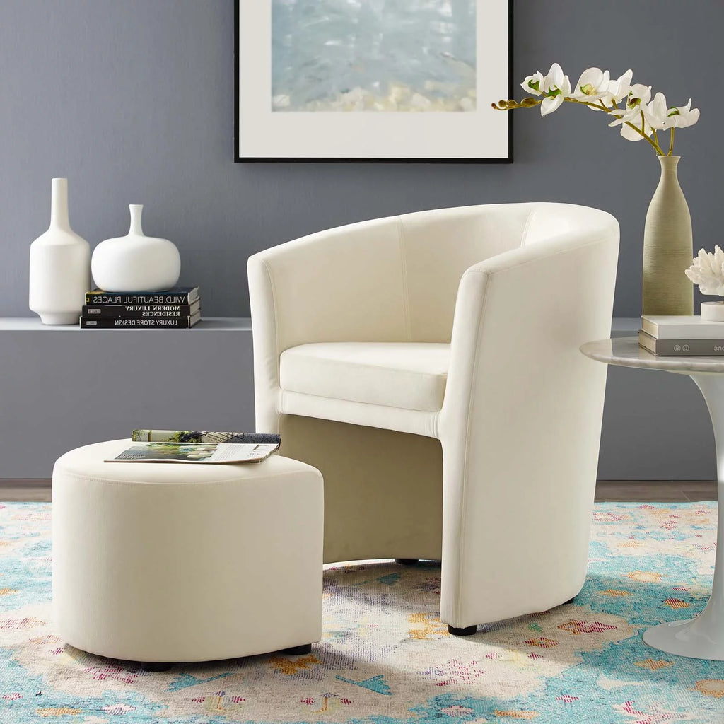 Ivory White Velvet Accent Chair and Ottoman W9870