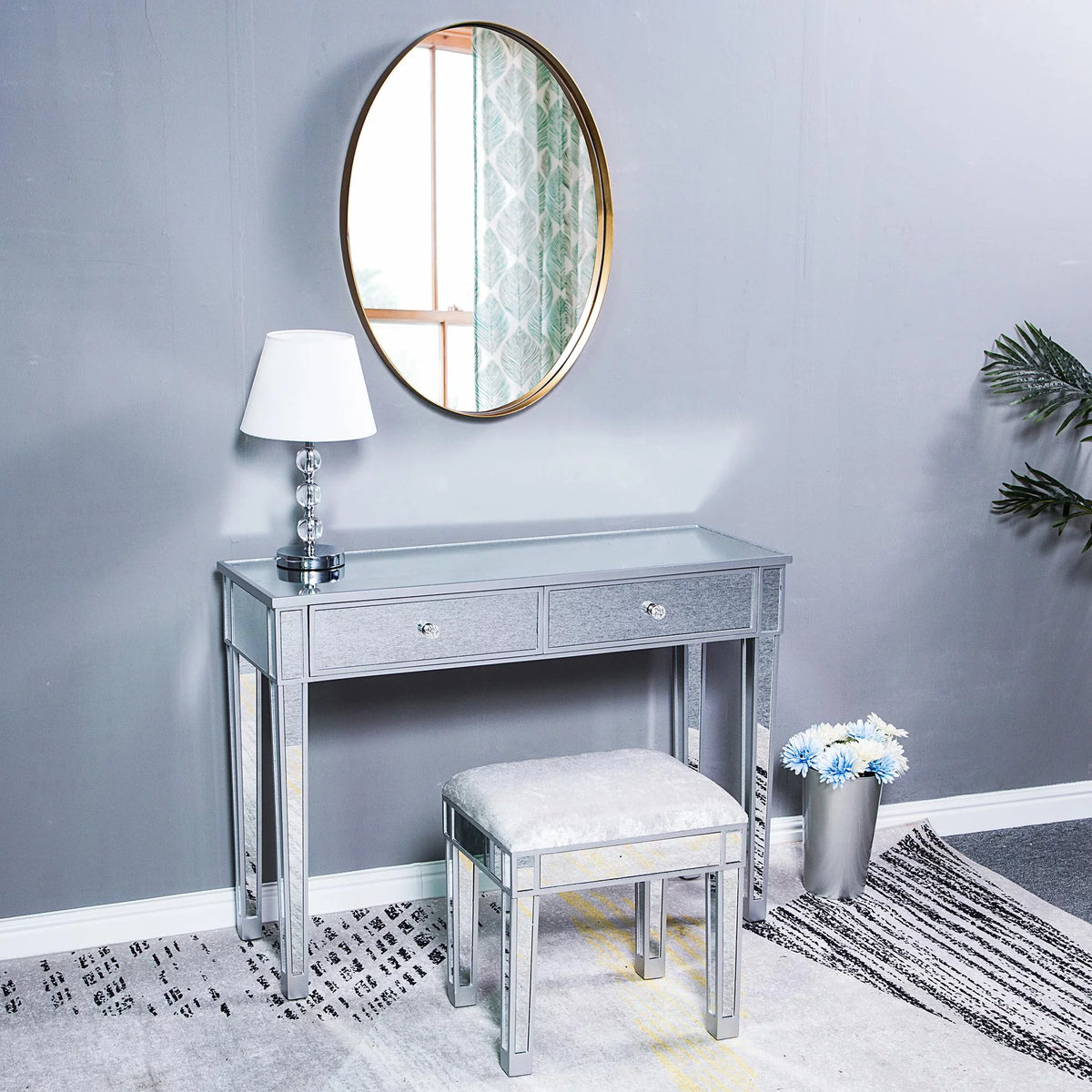 Mirrored Vanity Stool Makeup Bench Cushioned Chair H22165