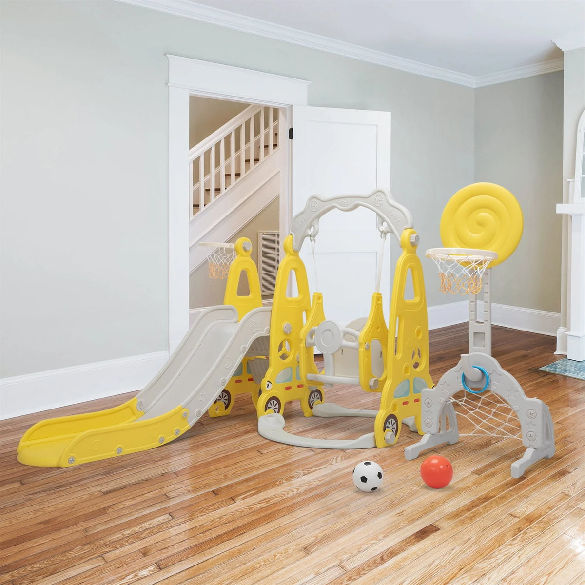 5 in 1 Kids Slide and Swing Set with 2 Basketball Hoops N88066
