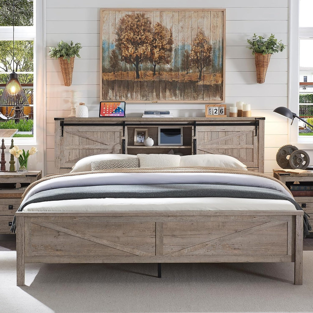 Light Rustic Oak Wood Platform Bed Frame with Bookcase Storage Headboard A76692