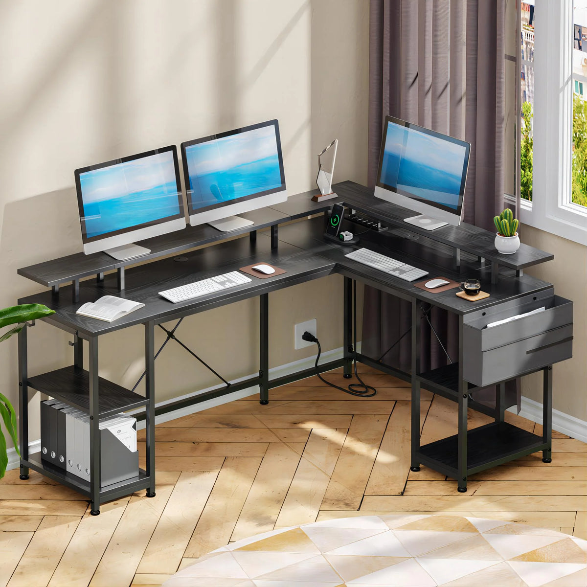 L Shaped Desk with LED Light and Monitor Stand, Black U406