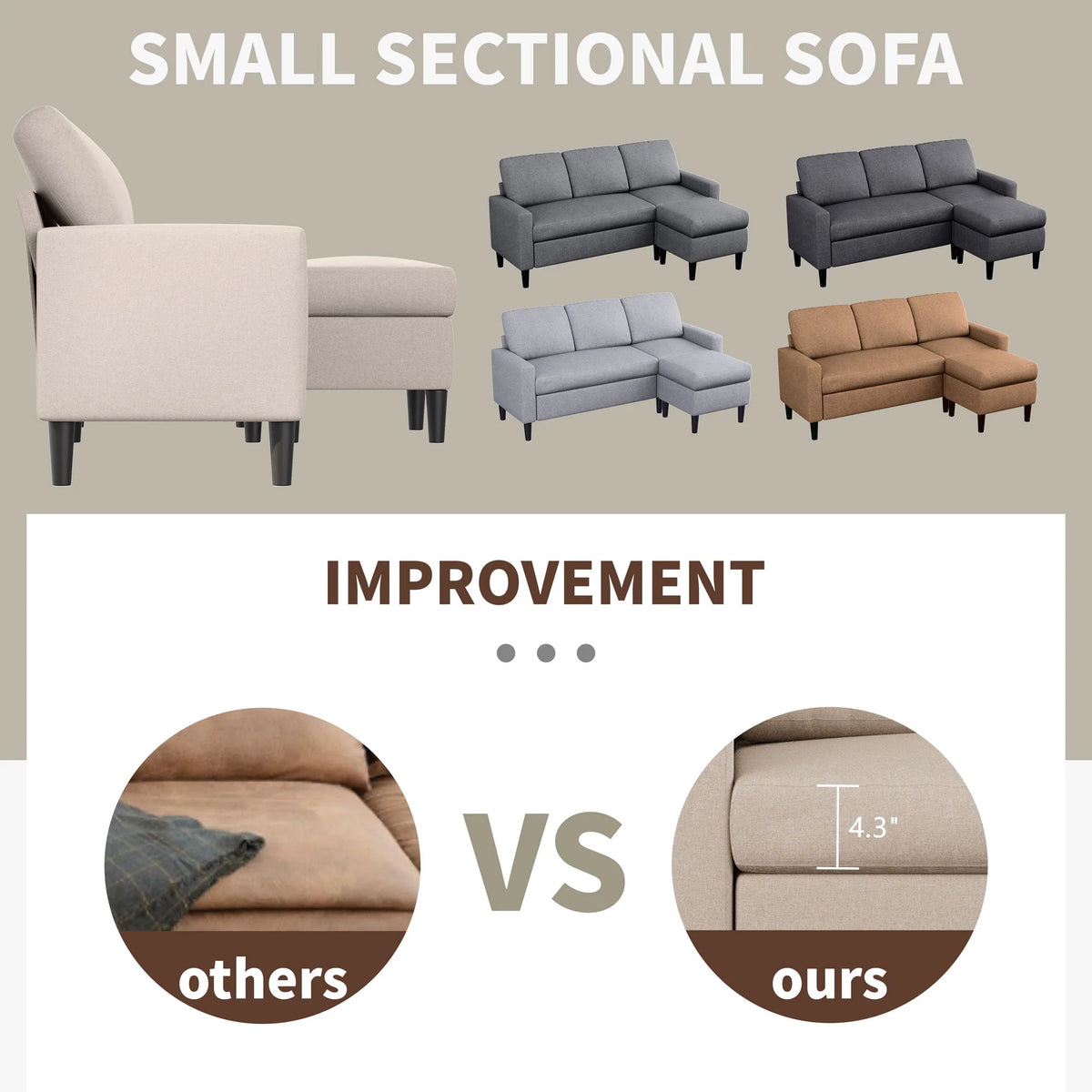 Convertible Sectional Sofa L-Shaped 3-Seat Couch with Reversible Chaise P2699