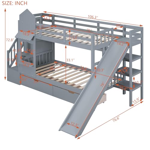 Full-Over-Full Wood Bunk Bed with Slide and Storage Staircase O90819