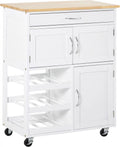 Rolling Kitchen Island with 9-Bottle Wine Rack and Drawer, White X513