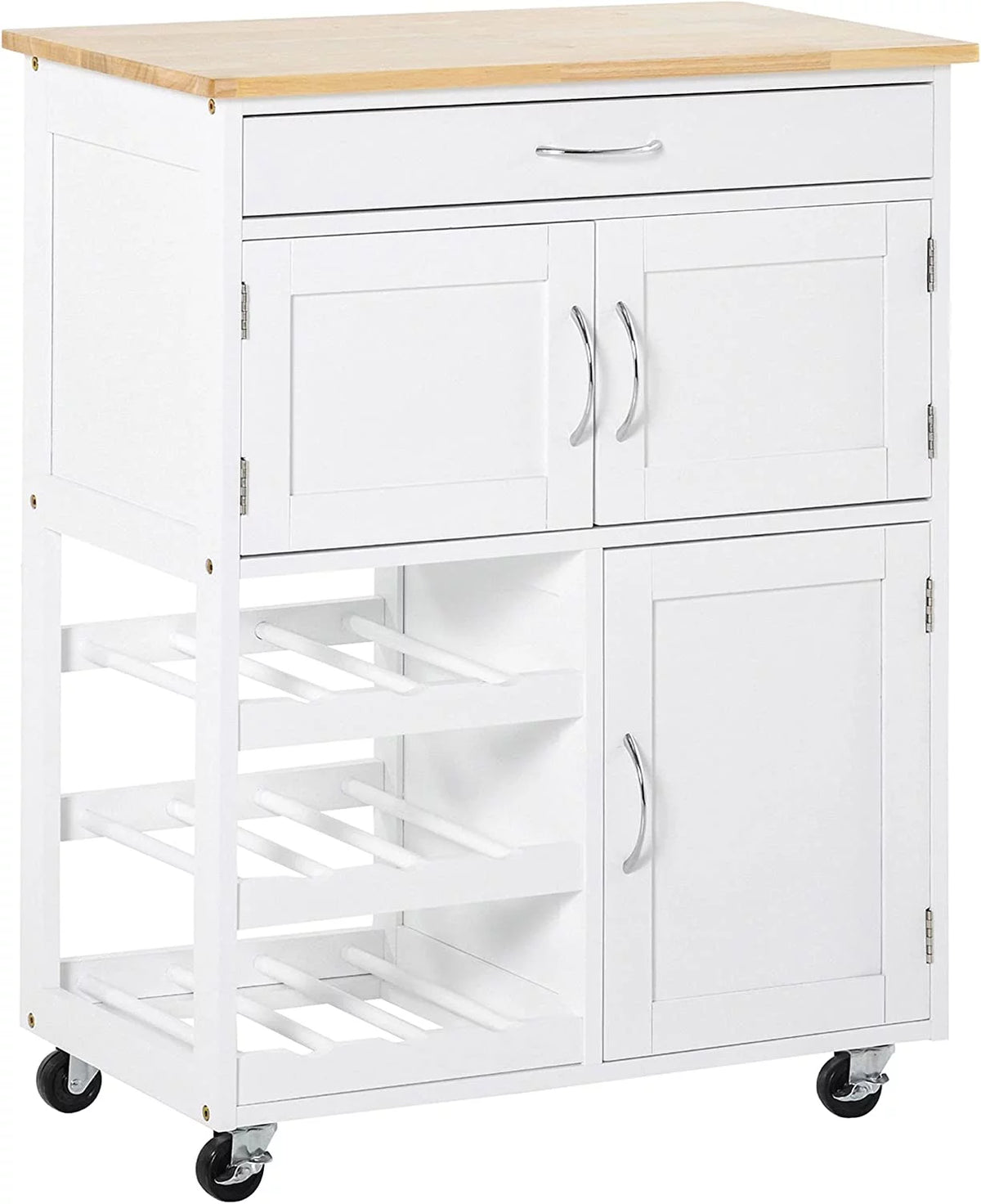 Rolling Kitchen Island with 9-Bottle Wine Rack and Drawer, White X513