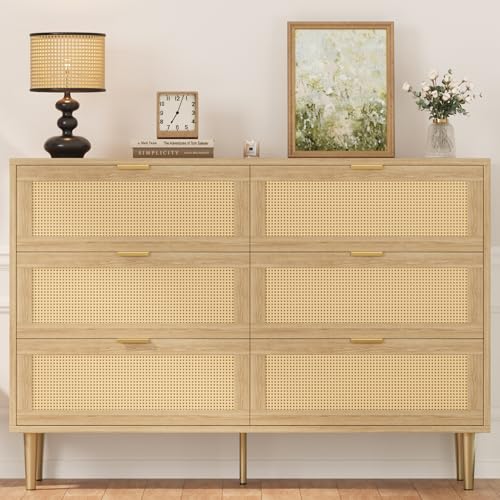 Oak 5 Drawer Rattan Wood Dresser I292046