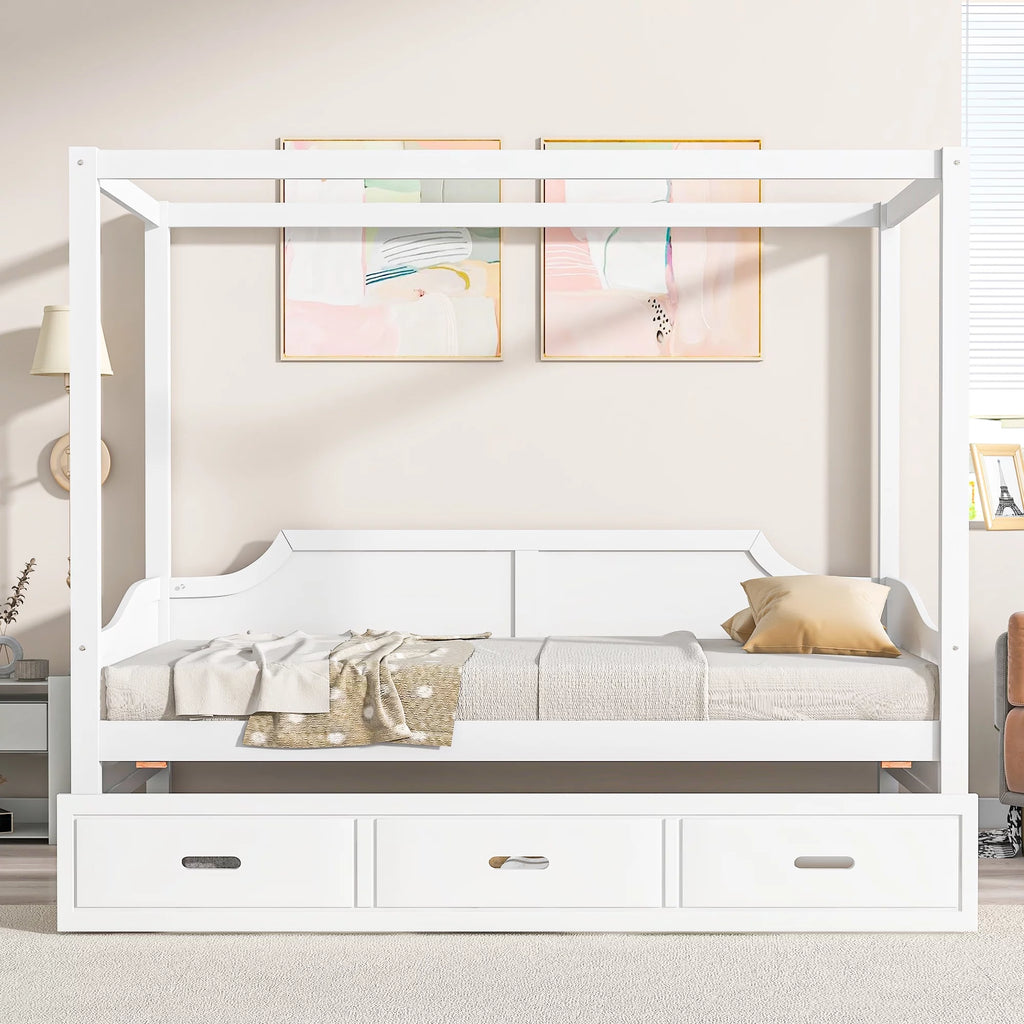 Twin Size Canopy Daybed with Drawer and Slat Support Leg, White X920