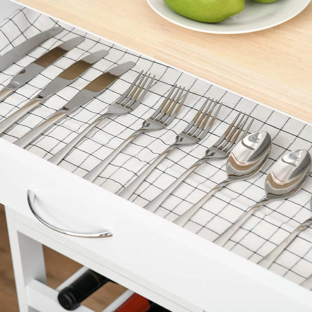 Rolling Kitchen Island with 9-Bottle Wine Rack and Drawer, White X513