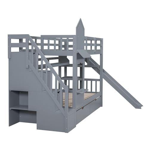 Full-Over-Full Wood Bunk Bed with Slide and Storage Staircase O90819